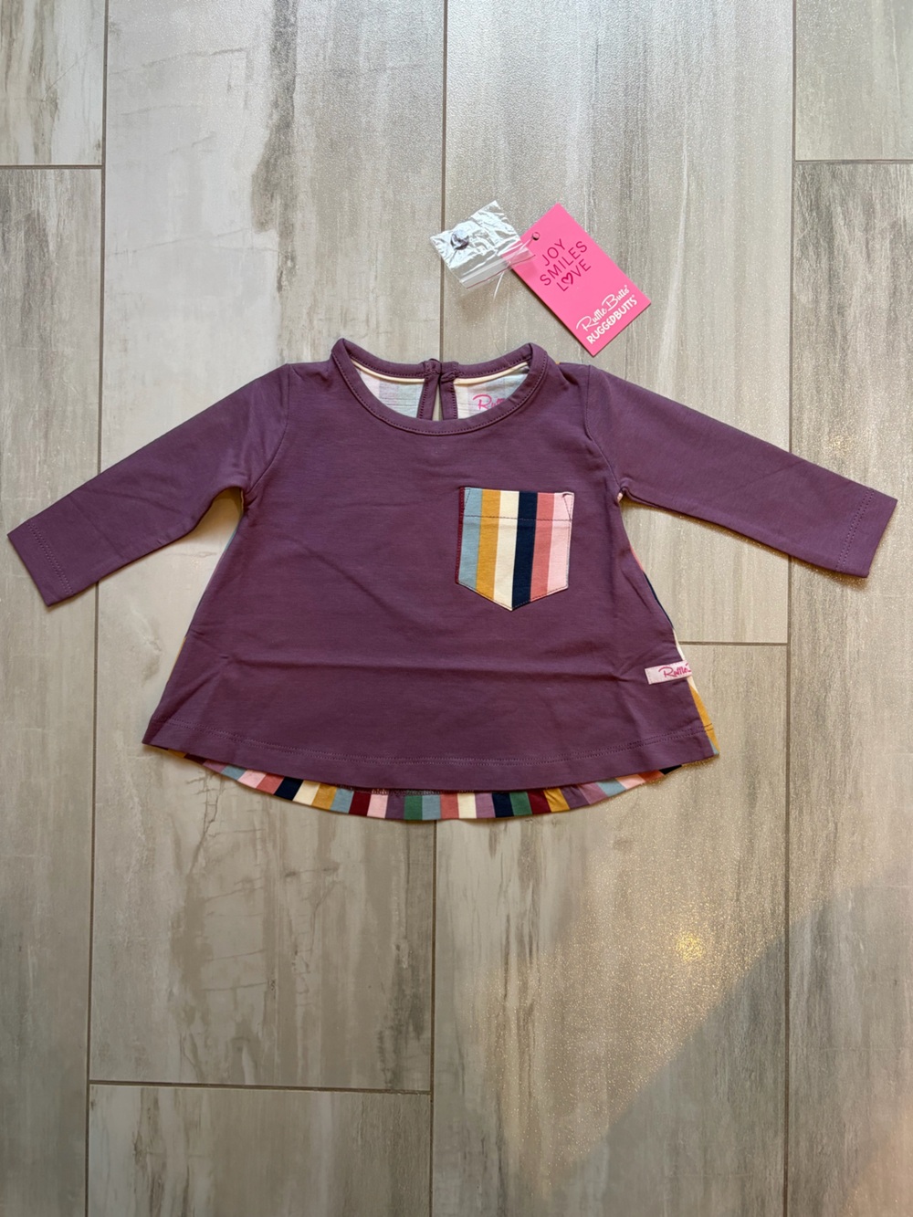 NWT RuffleButts Purple Rainbow Stripe Pocked Long Sleeve Tunic Top Girls 3-6M